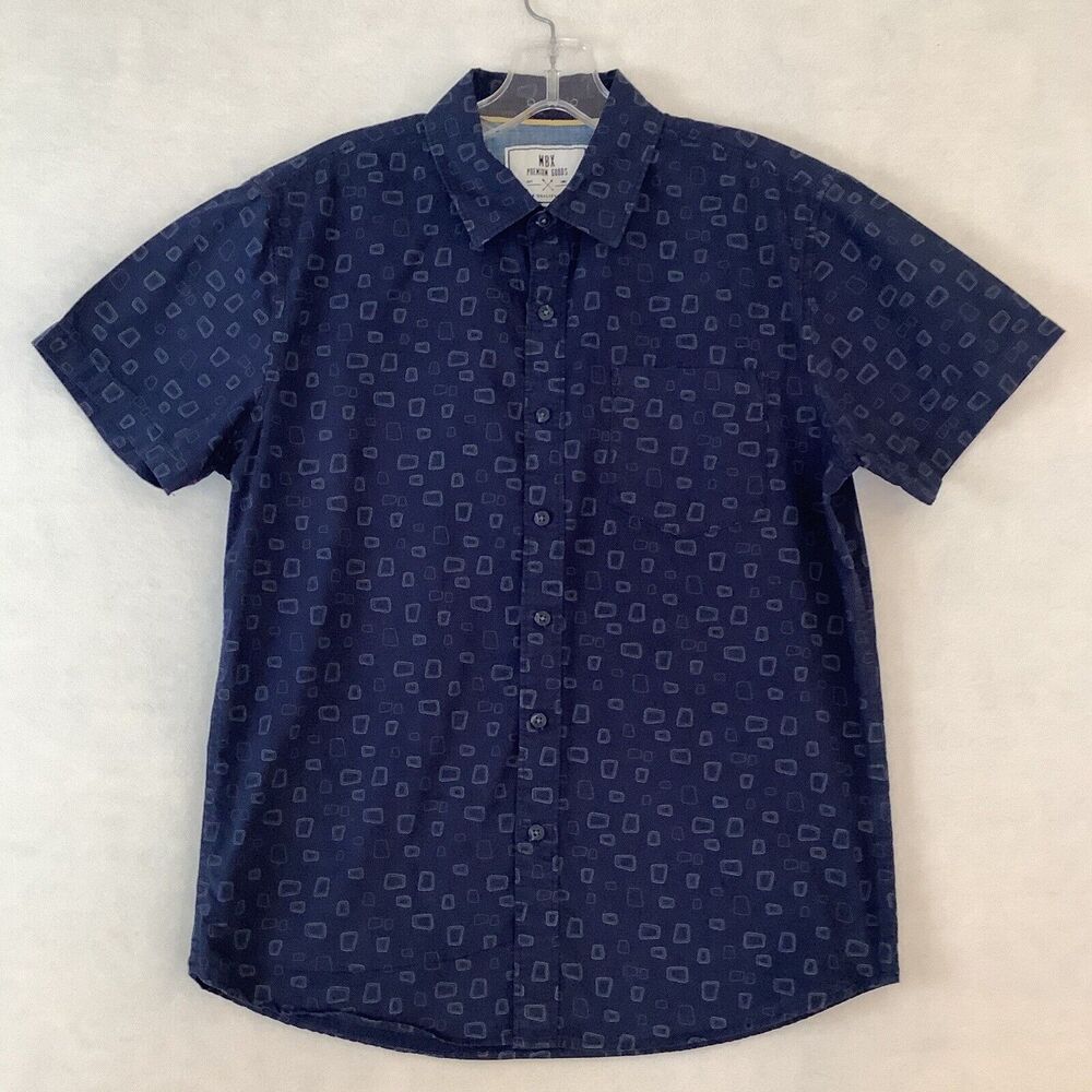 MBX Denim Wear Mens Small Shirt Navy Blue Geometric Print Short Sleeve Button Up